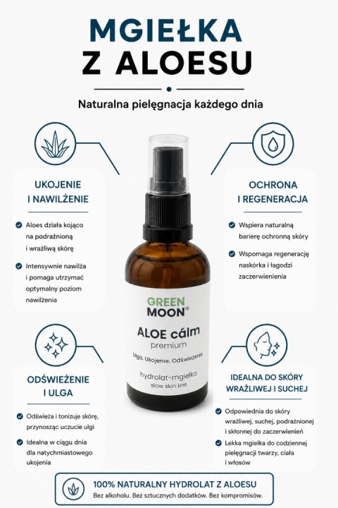 ALOE cálm premium GREEN MOON® – hydrolat aloesowy odświeżający skórę po aktywnym dniu, trekkingu i aktywności