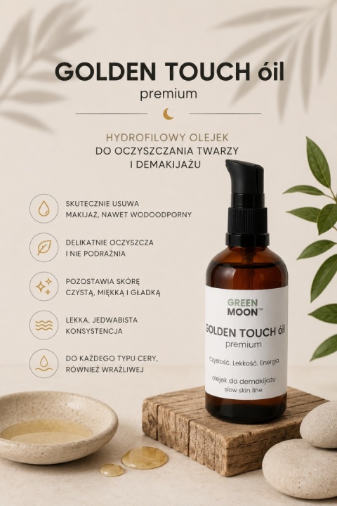 GREEN MOON® GOLDEN TOUCH óil premium – olejek do mycia twarzy i demakijażu w butelce z pompką