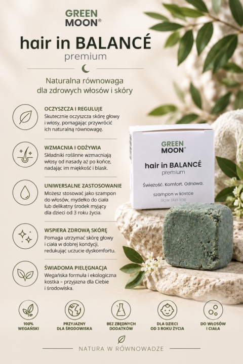 Wegański duet do włosów GREEN MOON® – szampon w kostce i ziołowa wcierka HERBAL BOOST élixir premium