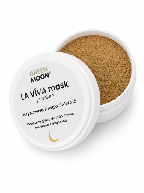 VÍVA mask premium GREEN MOON® – oczyszczająca żółta glinka pomagająca odświeżyć skórę i zmniejszyć widoczność porów.