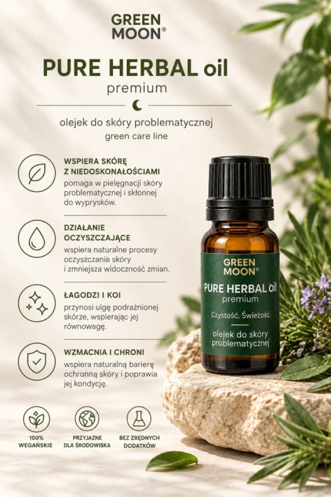 GREEN MOON® PURE HERBAL óil premium – olejek do pielęgnacji skóry z problemami i niedoskonałościami