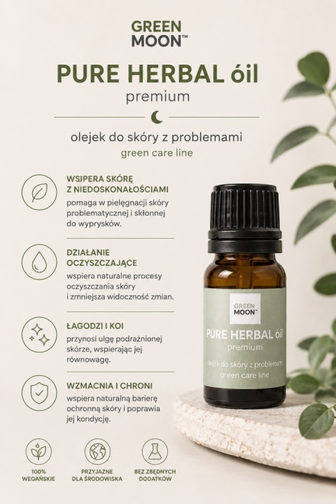 GREEN MOON® PURE HERBAL óil premium – olejek do pielęgnacji skóry z problemami i niedoskonałościami