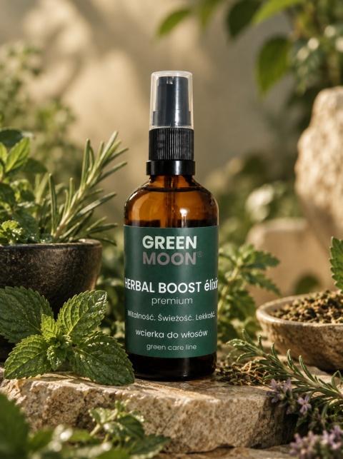 Naturalna wcierka HERBAL BOOST élixir premium GREEN MOON® na tle łąki i błękitnego nieba