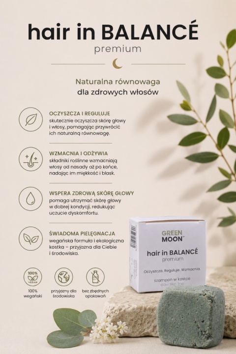 GREEN MOON® hair in BALANCE premium – szampon w kostce do codziennej pielęgnacji włosów